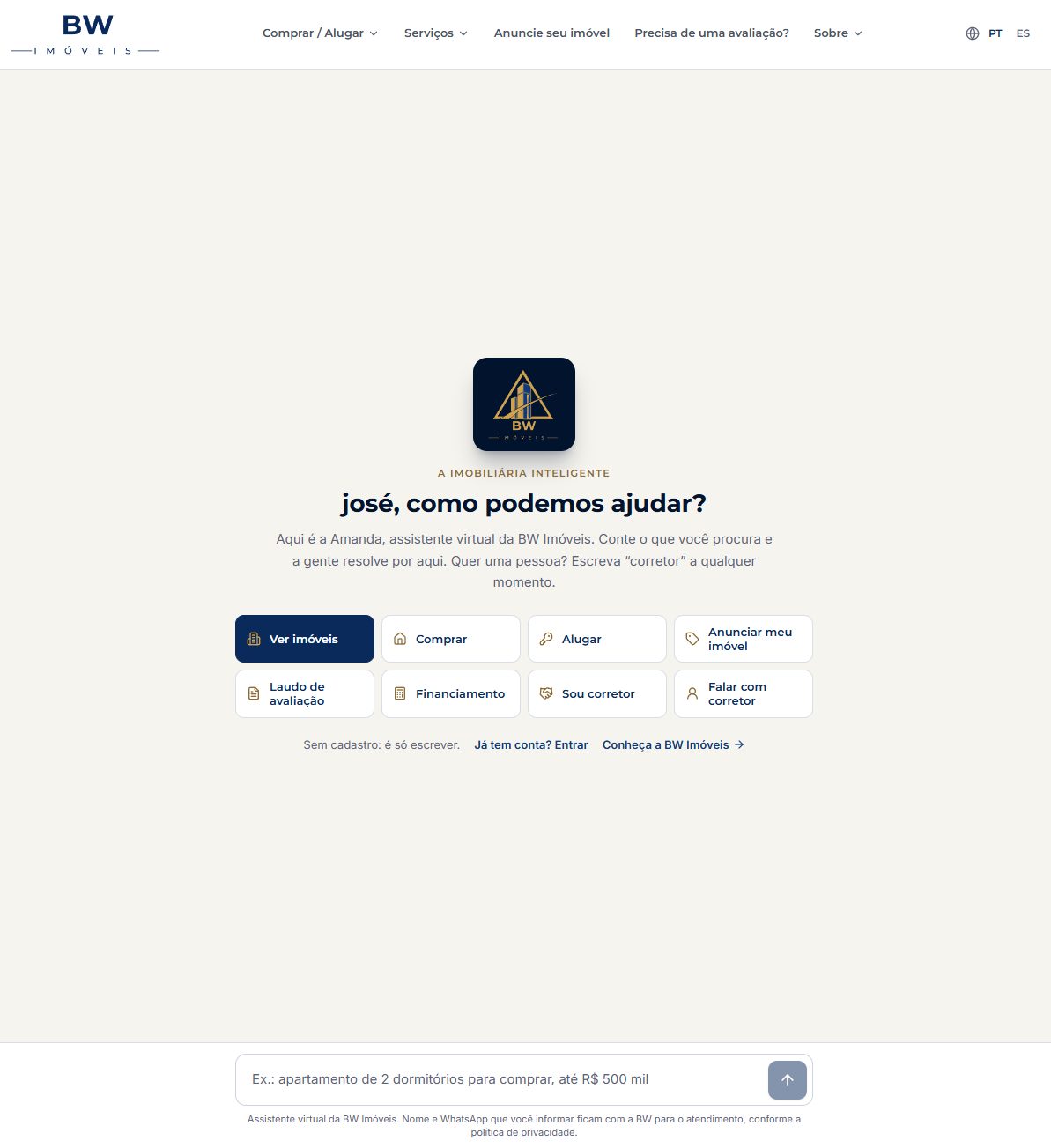 Assistente virtual Amanda no portal da BW Imóveis, com atalhos para ver imóveis, comprar, alugar, anunciar, laudo de avaliação, financiamento e falar com corretor